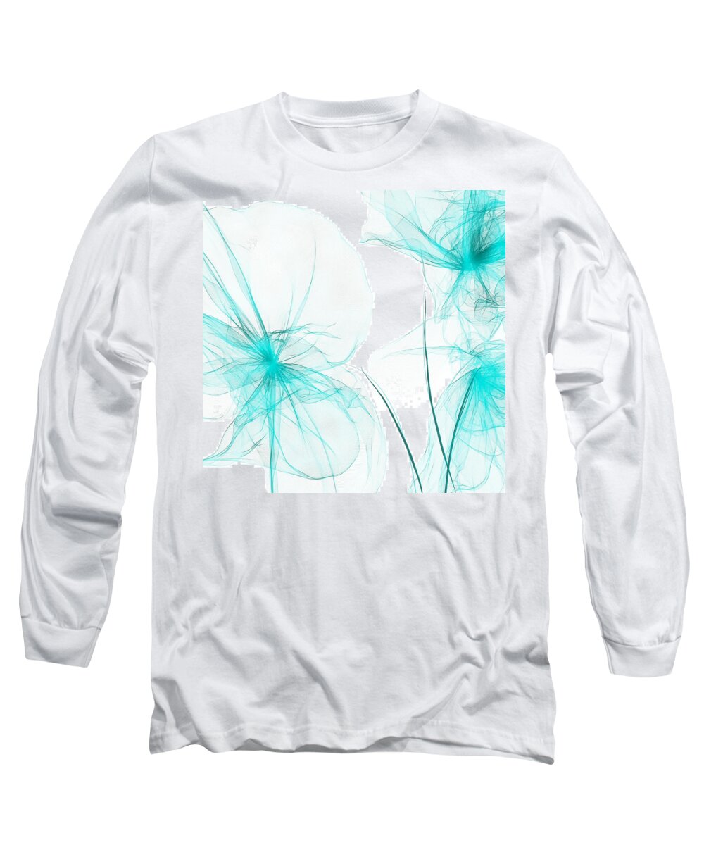 Blue Long Sleeve T-Shirt featuring the painting Teal Abstract Flowers by Lourry Legarde