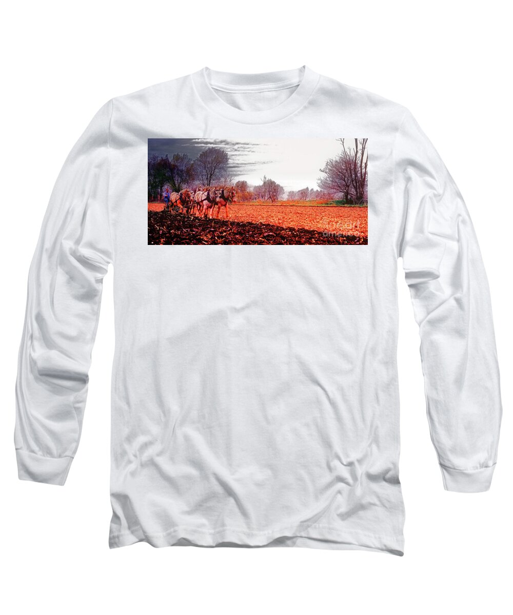 Team Long Sleeve T-Shirt featuring the photograph Team Of Draft Horses Plowing Early Spring by Tom Jelen