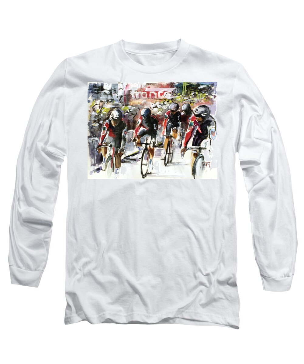 Tdf Long Sleeve T-Shirt featuring the painting Team Win BMC by Shirley Peters