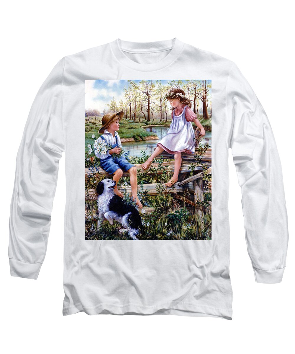 Historic Landscape With Children Long Sleeve T-Shirt featuring the painting The Flirt by Marie Witte