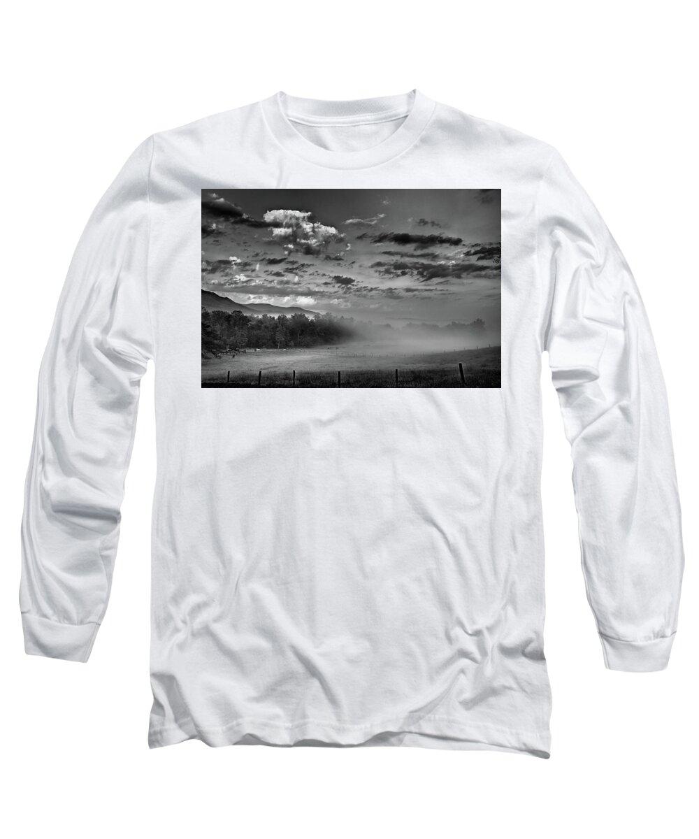 Black And White Long Sleeve T-Shirt featuring the photograph The Fog Rises In Cades Cove by Randall Evans