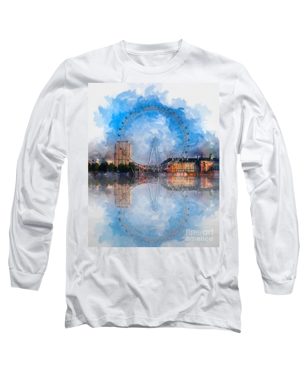 London Long Sleeve T-Shirt featuring the mixed media The London Eye by Ian Mitchell