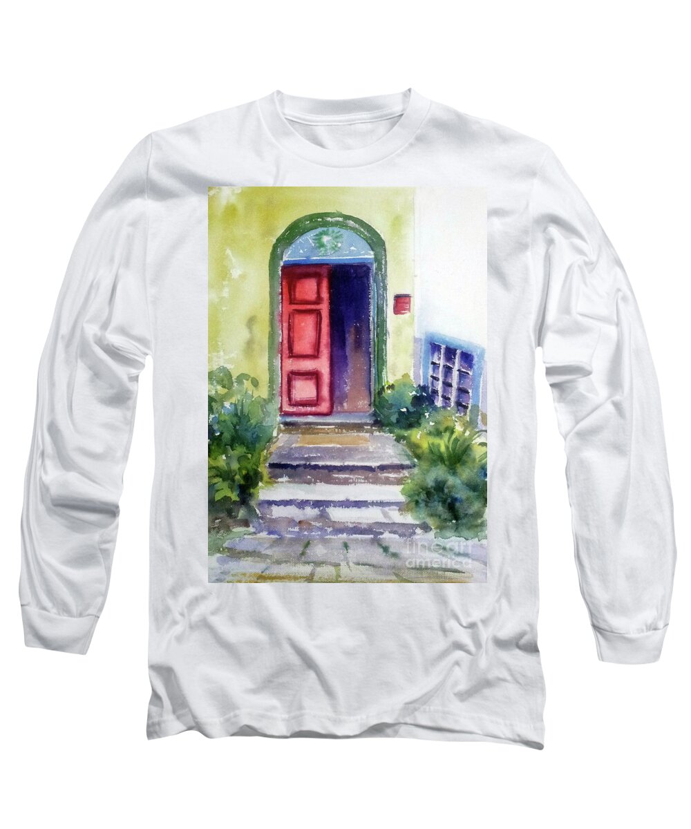 Tuscan Doorway Long Sleeve T-Shirt featuring the painting The Red Door by Asha Sudhaker Shenoy