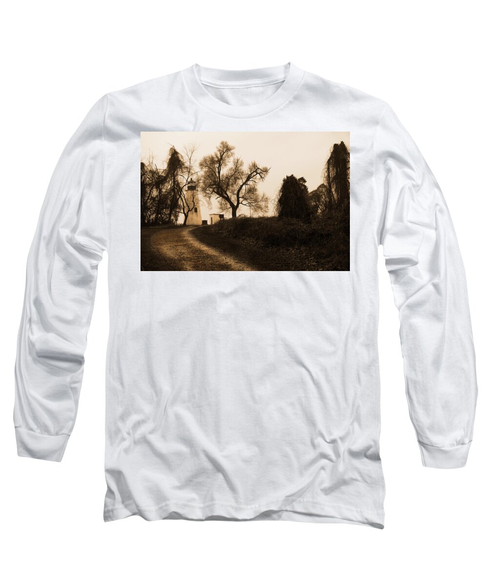 Black And White Long Sleeve T-Shirt featuring the photograph The road to Turkey Point Lighthouse by Dennis Dame