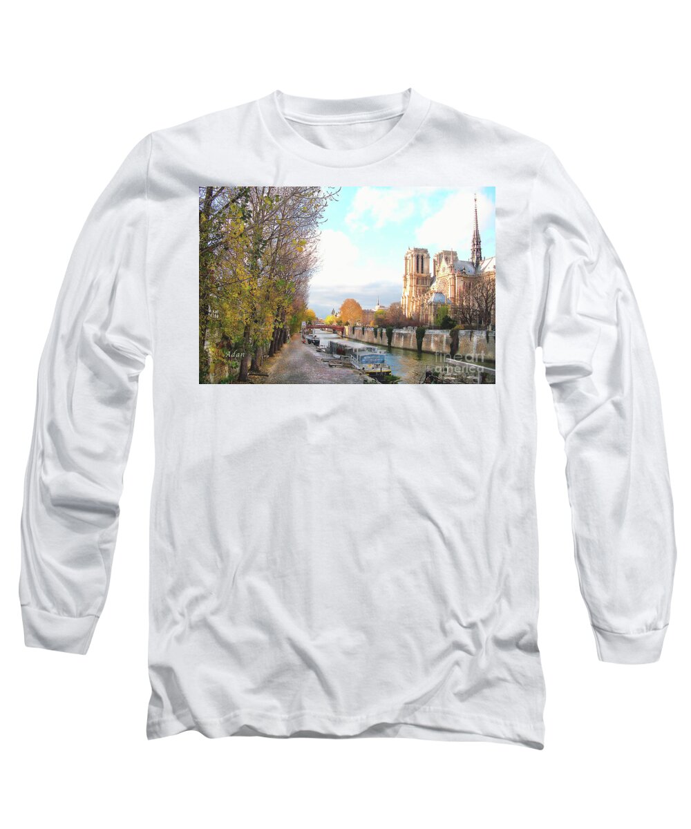 Notre Dame Long Sleeve T-Shirt featuring the photograph The Seine and Quay Beside Notre Dame, Autumn by Felipe Adan Lerma