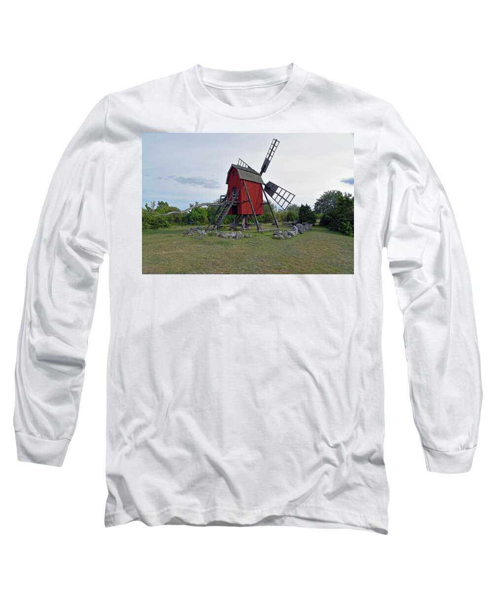 Sweden Long Sleeve T-Shirt featuring the pyrography The windmill by Magnus Haellquist