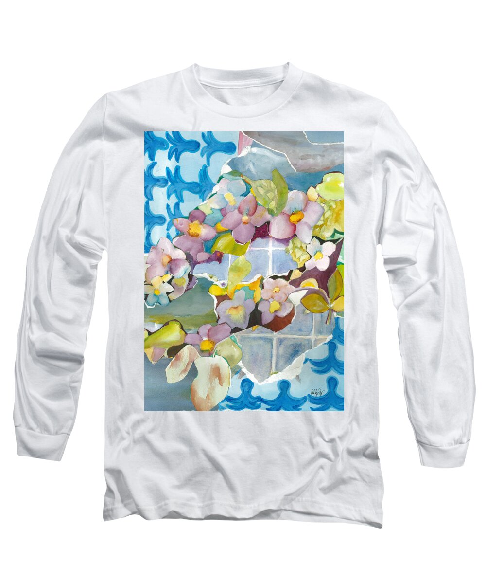 Floral Long Sleeve T-Shirt featuring the painting Thunbergia Collage by Kelly Perez