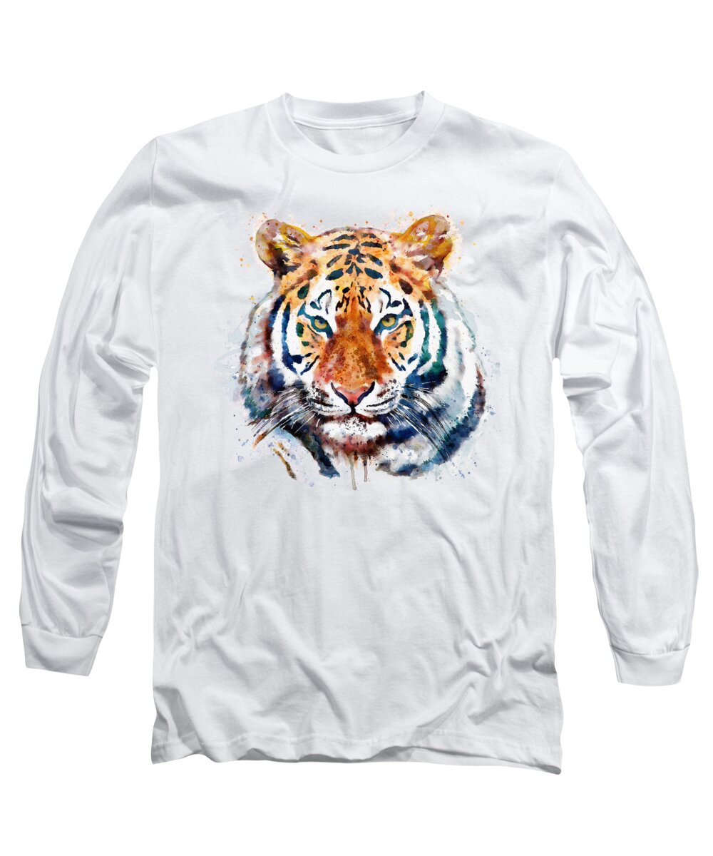 Marian Voicu Long Sleeve T-Shirt featuring the painting Tiger Head watercolor by Marian Voicu