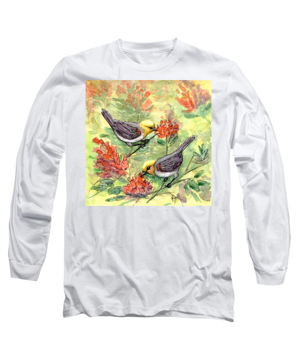 Tiny Birds Long Sleeve T-Shirt featuring the painting Tiny Verdin In Honeysuckle by Marilyn Smith
