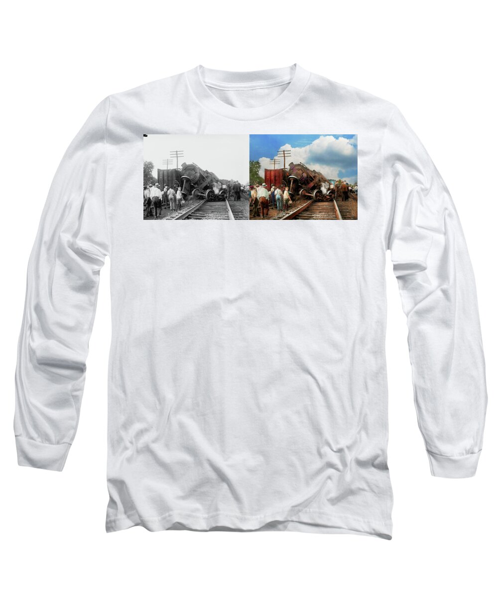 Train Long Sleeve T-Shirt featuring the photograph Train - Accident - Butting heads 1922 - Side by Side by Mike Savad
