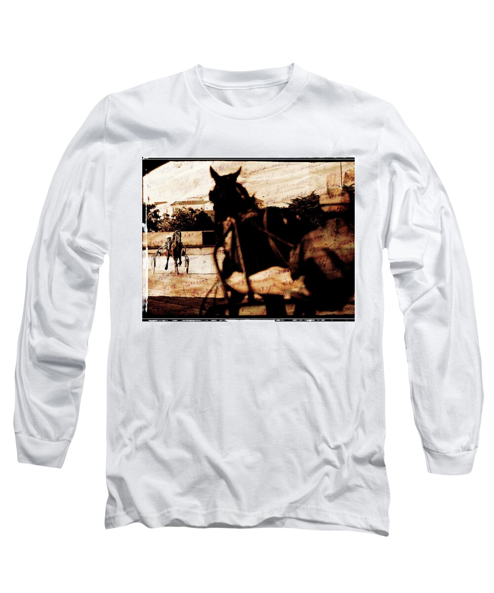 Horse Long Sleeve T-Shirt featuring the photograph trotting 1 - Harness racing in a vintage post processing by Pedro Cardona Llambias