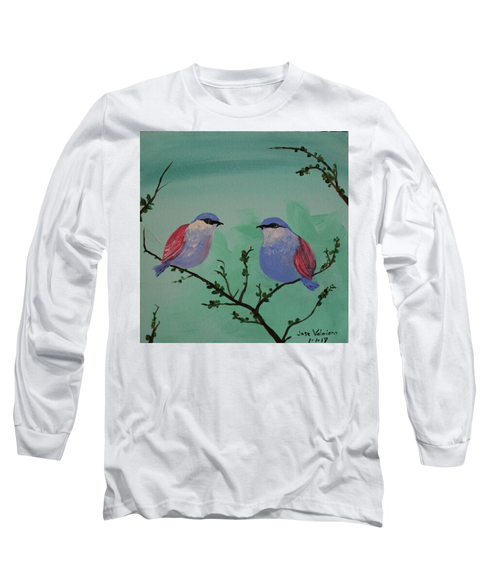 Acrylic Long Sleeve T-Shirt featuring the painting Two Chickadees by Martin Valeriano