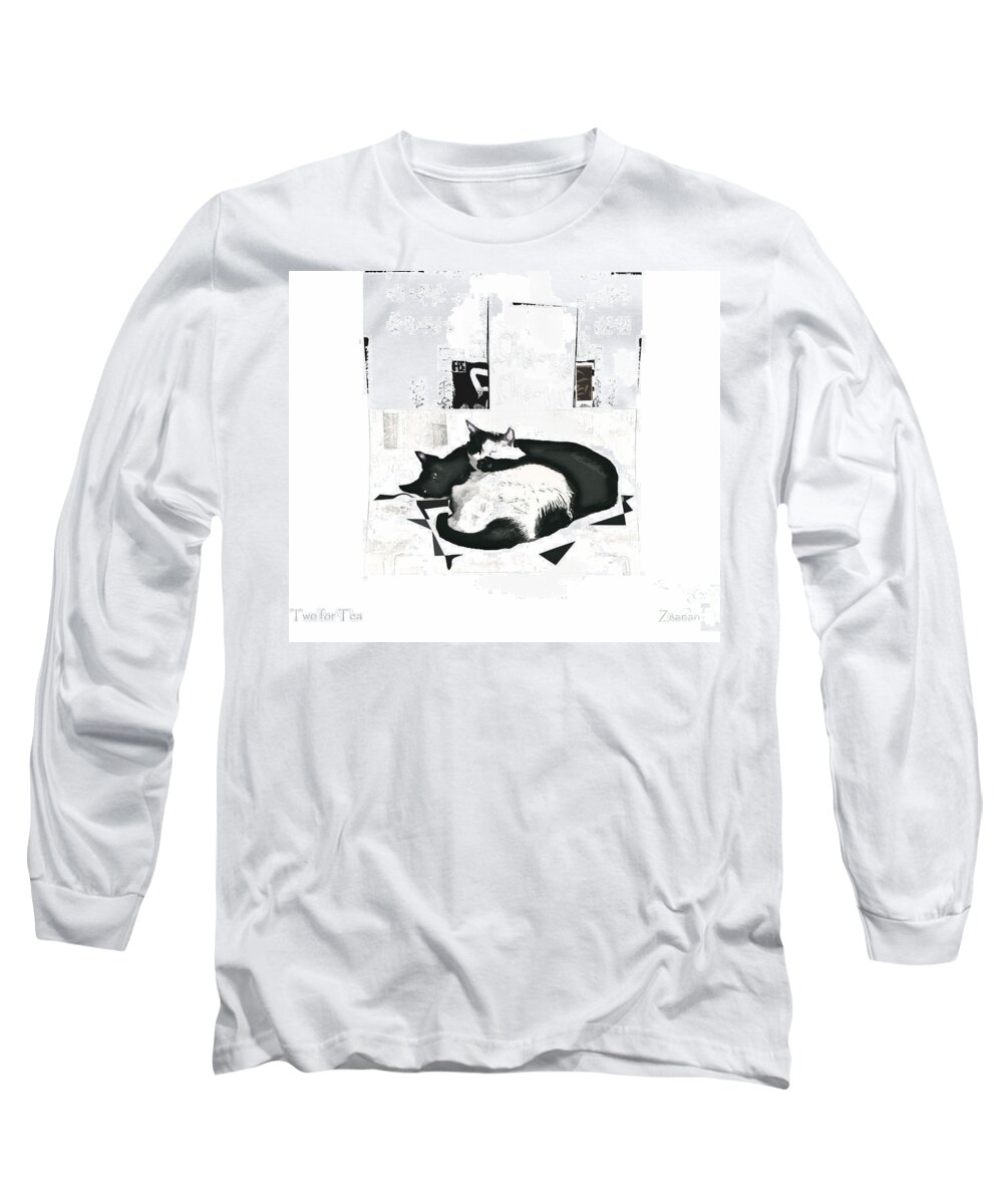 Cat Long Sleeve T-Shirt featuring the mixed media Ebony and Ivory by Zsanan Studio