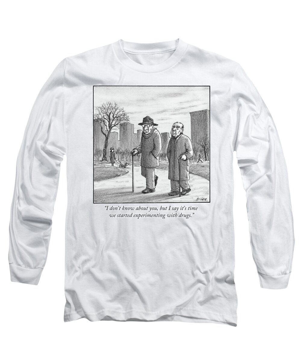 Cane Long Sleeve T-Shirt featuring the drawing Two older men walk with canes through a park. by Harry Bliss