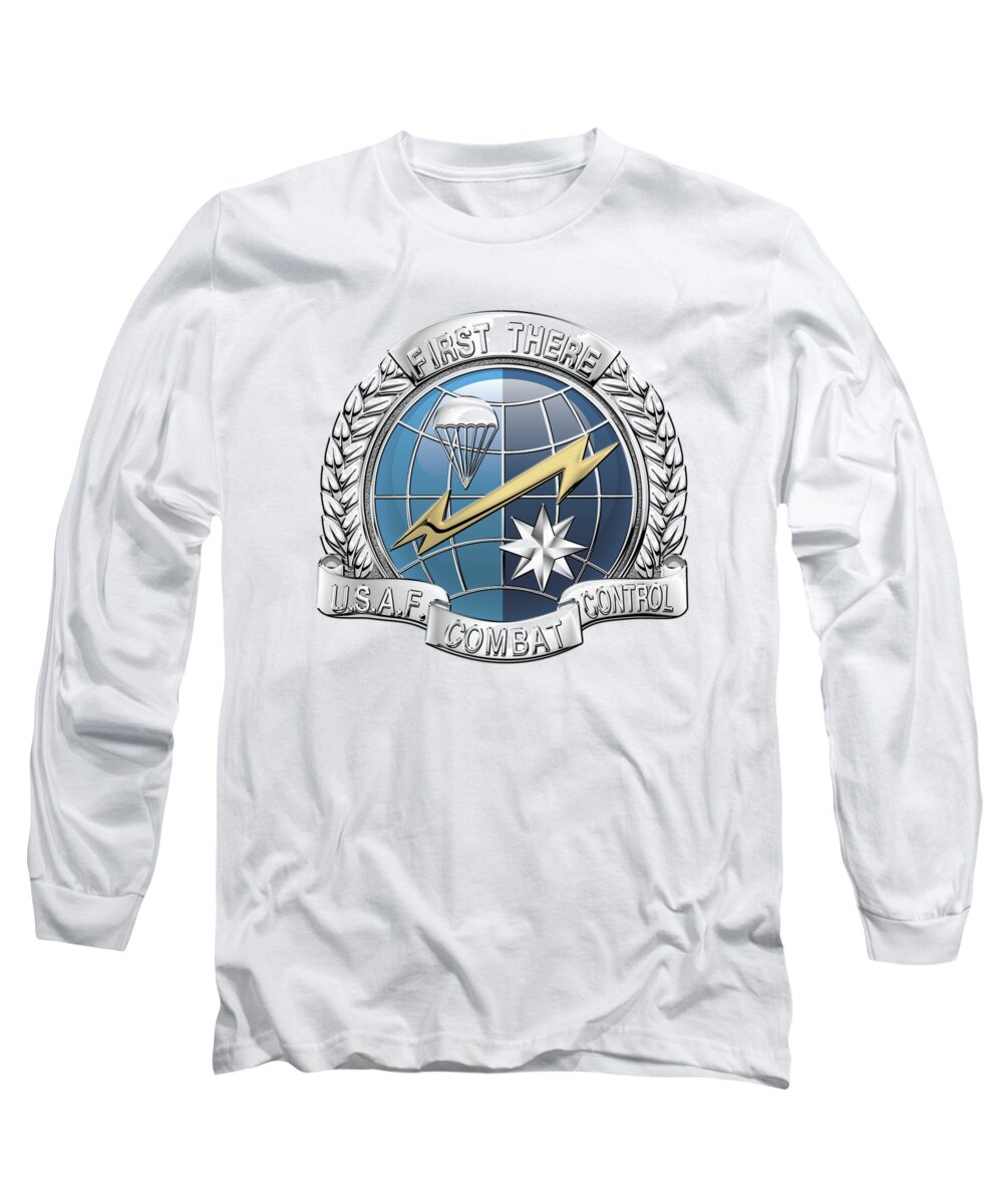 'military Insignia & Heraldry' Collection By Serge Averbukh Long Sleeve T-Shirt featuring the digital art U. S. Air Force Combat Control Teams - Combat Controller C C T Badge over White Leather by Serge Averbukh