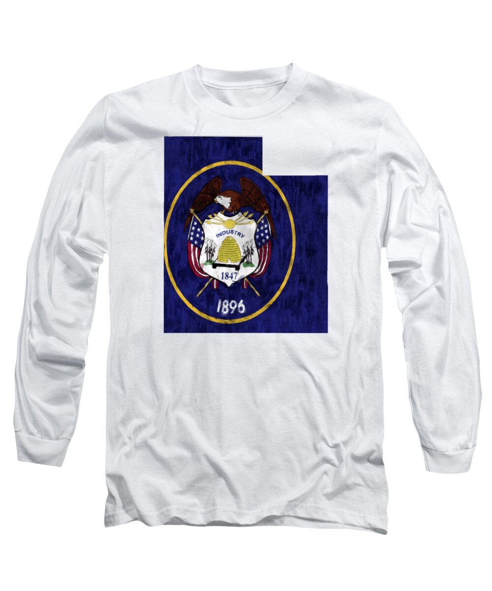 America Long Sleeve T-Shirt featuring the digital art Utah Map Art with Flag Design by World Art Prints And Designs