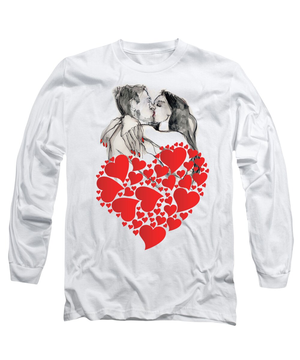 Valentine's Day Long Sleeve T-Shirt featuring the painting Valentine's Kiss - Valentine's Day by Carolyn Weltman