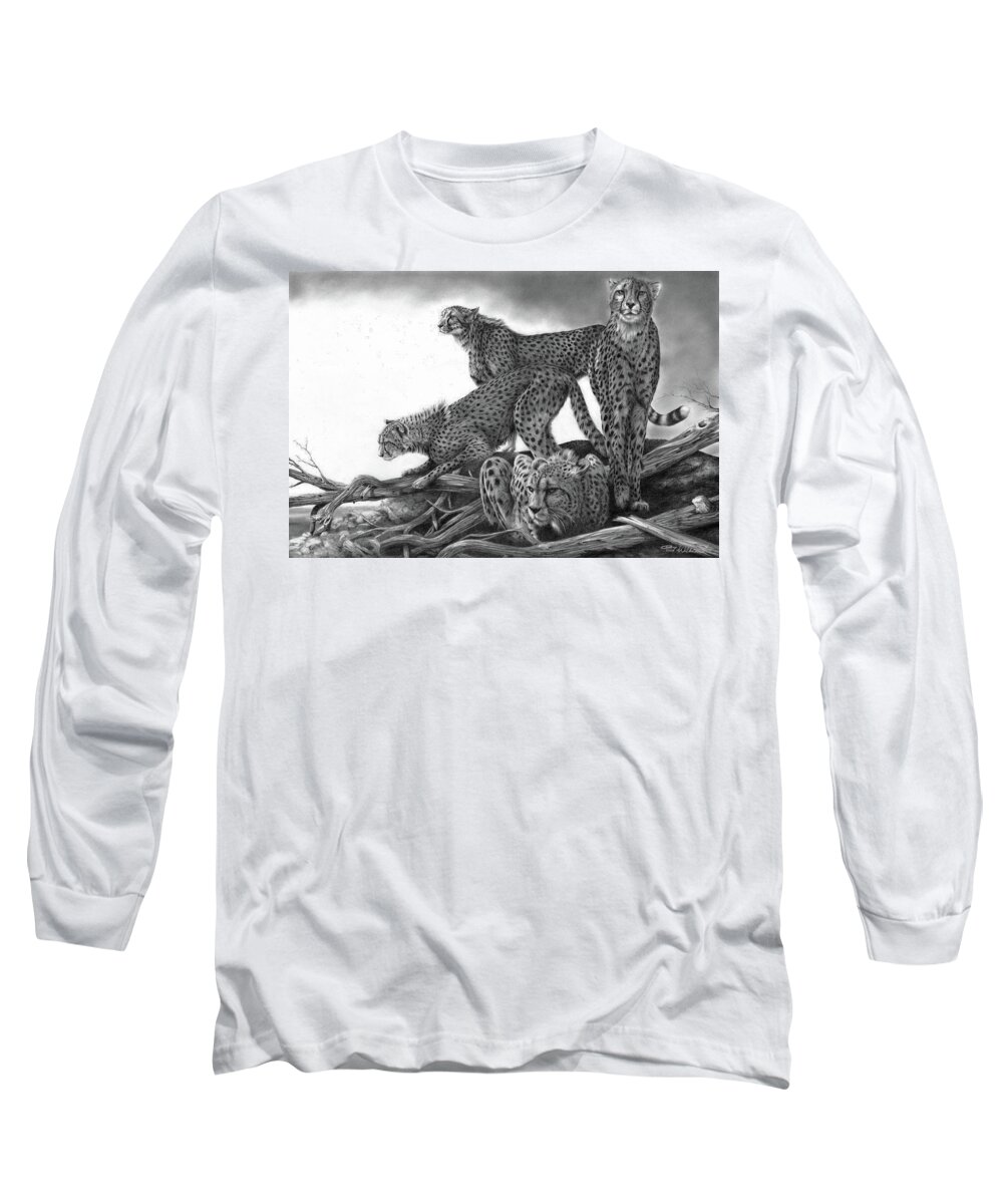 Cheetah Long Sleeve T-Shirt featuring the drawing Vantage by Peter Williams