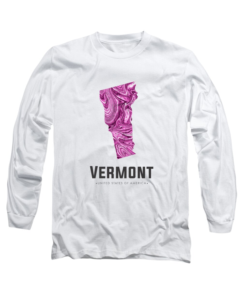 Vermont Long Sleeve T-Shirt featuring the mixed media Vermont Map Art Abstract in Purple by Studio Grafiikka