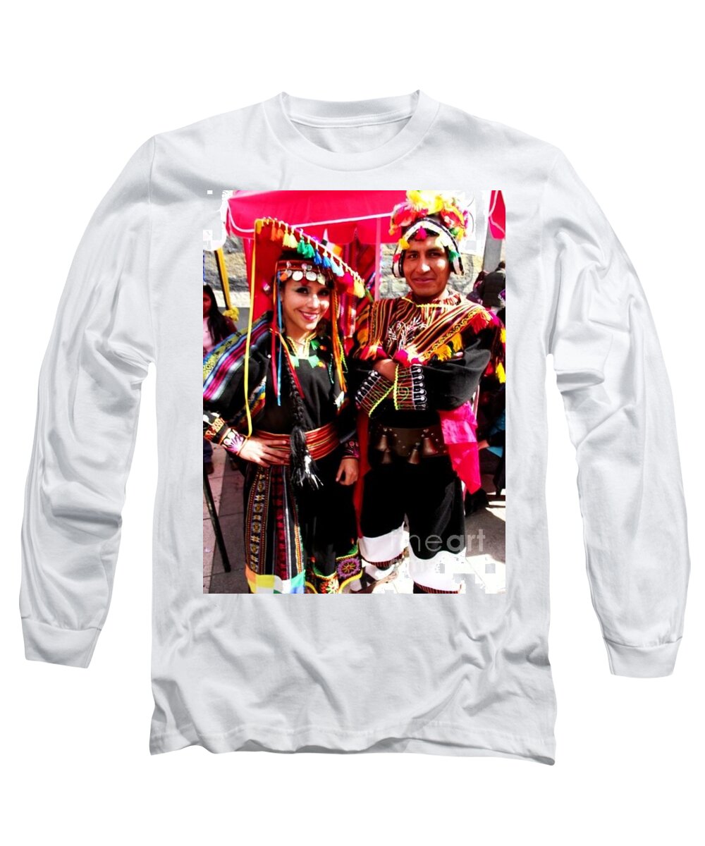 Latin Dancers Long Sleeve T-Shirt featuring the painting Very Proud Bolivian Dancers by Jayne Kerr