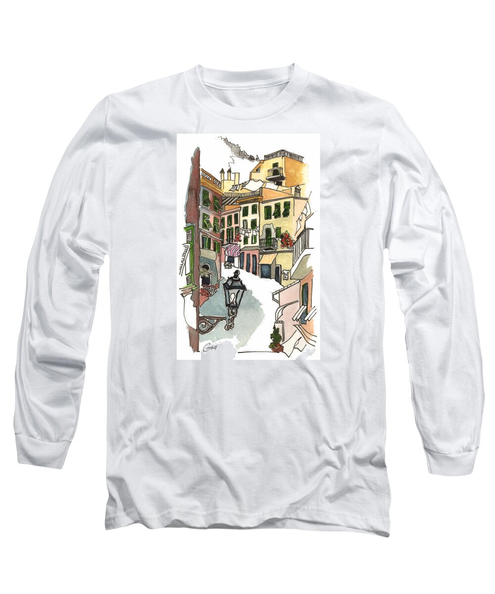 Italian Streetscape Long Sleeve T-Shirt featuring the painting Via Colombo Riomaggiore Cinque Terre by Joan Cordell