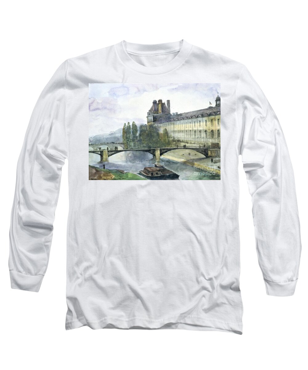 View Long Sleeve T-Shirt featuring the painting View of the Pavillon de Flore of the Louvre by Francois-Marius Granet