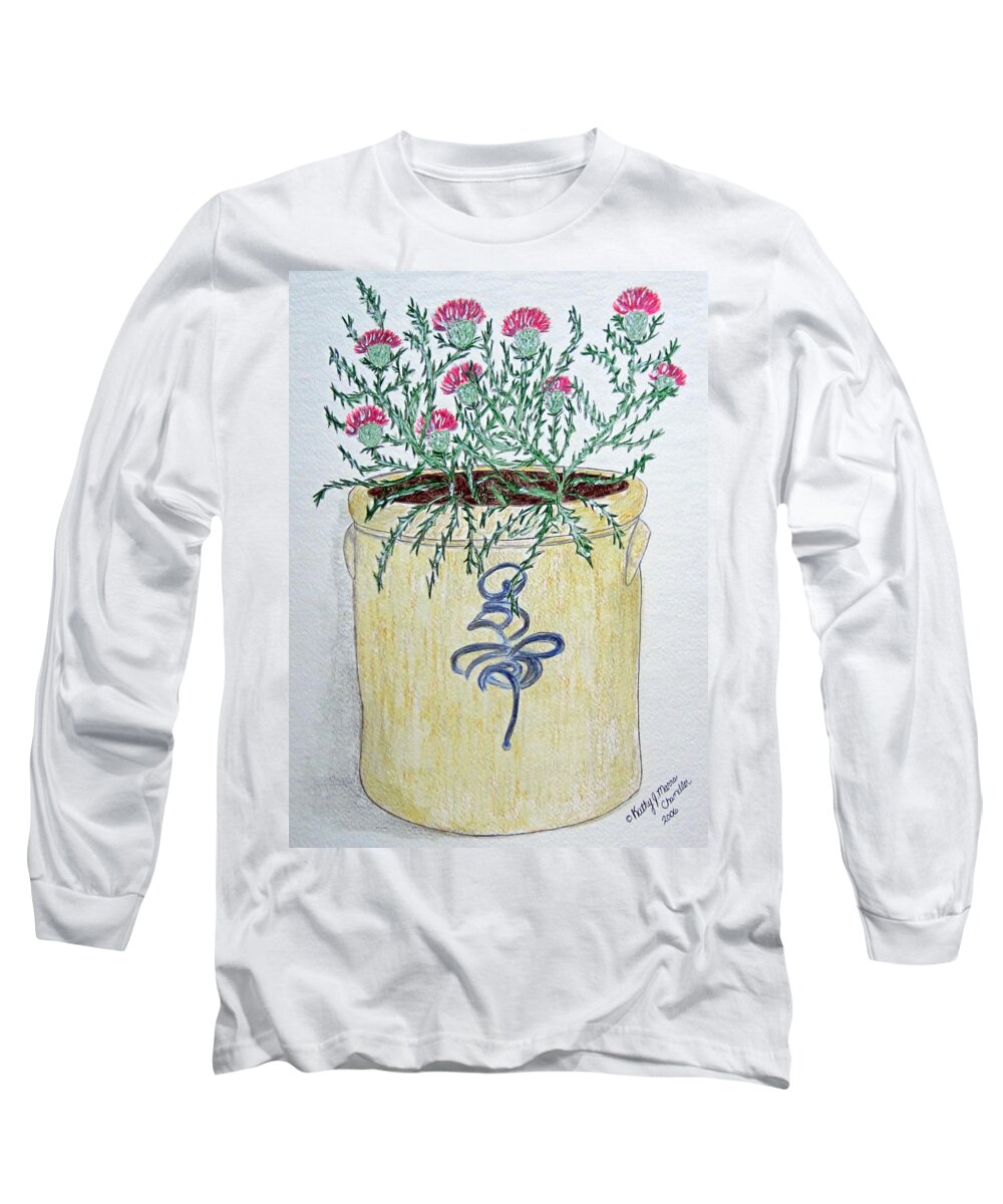 Vintage Long Sleeve T-Shirt featuring the painting Vintage Bee Sting Crock and Thistles by Kathy Marrs Chandler