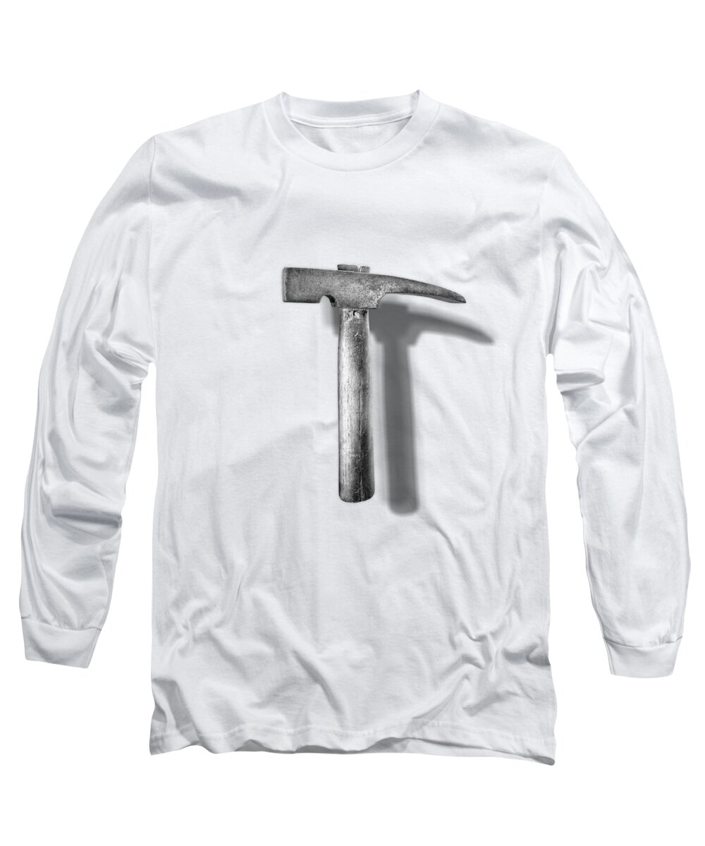 Hammer Long Sleeve T-Shirt featuring the photograph Vintage Masonry Hammer Floating on White in BW by YoPedro