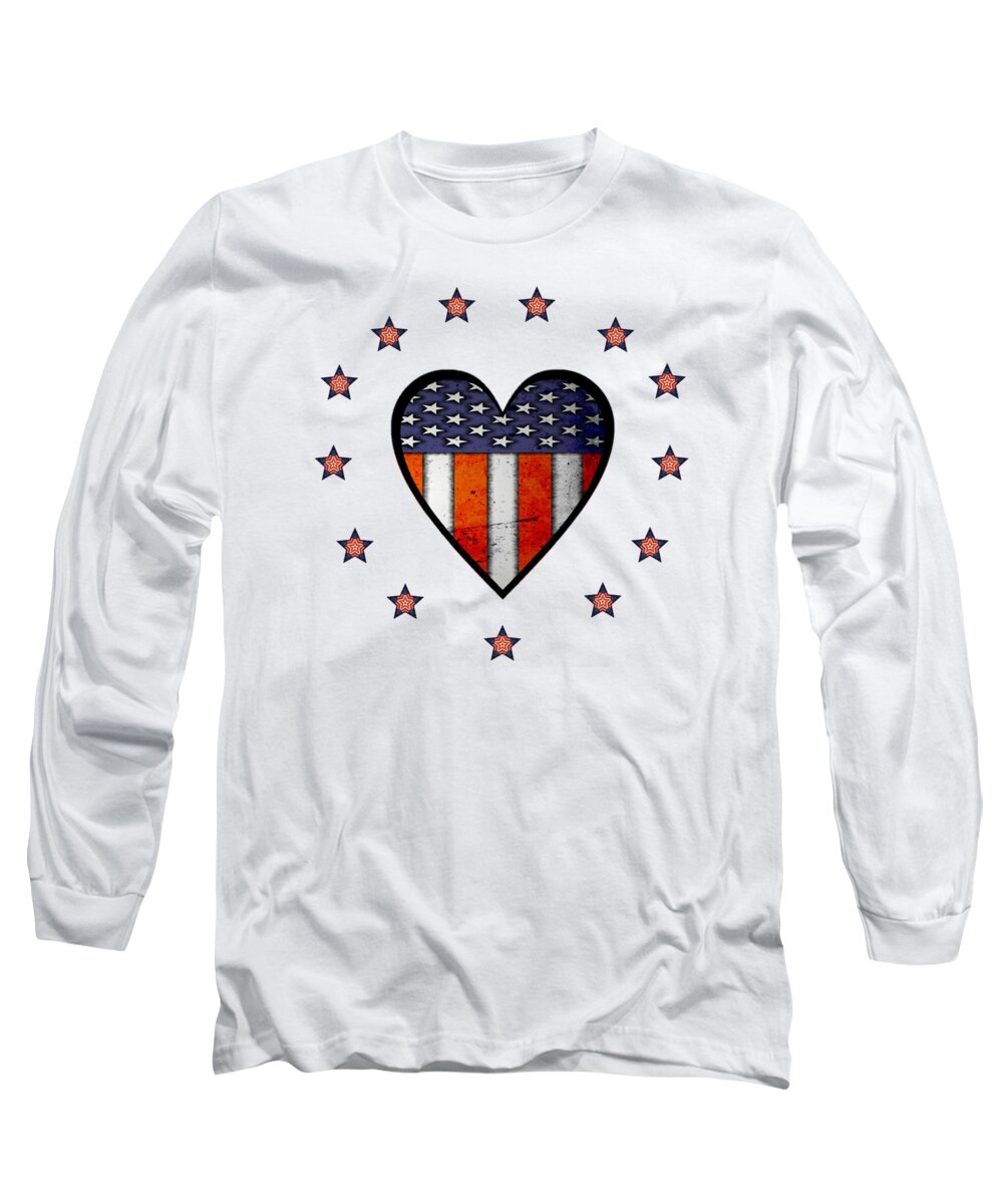 Patriotic; Usa; Flag; Heart; Symbolic; Vintage Flag; Stars; Freedom; America; American; United States Of America; Love; Us Heart Flag; Vintage; Red; White; Blue; Mark Kiver; 13; Thirteen; 12 Stars; Stars And Stripes; Vintage Patriotic Heart; Liberty; Love America; American Heart Long Sleeve T-Shirt featuring the digital art Vintage Patriotic Heart by Mark Kiver