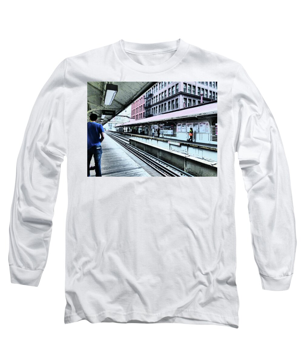 Pin And Blue Buildings Long Sleeve T-Shirt featuring the photograph Waiting For The Train 4 by Rosanne Licciardi
