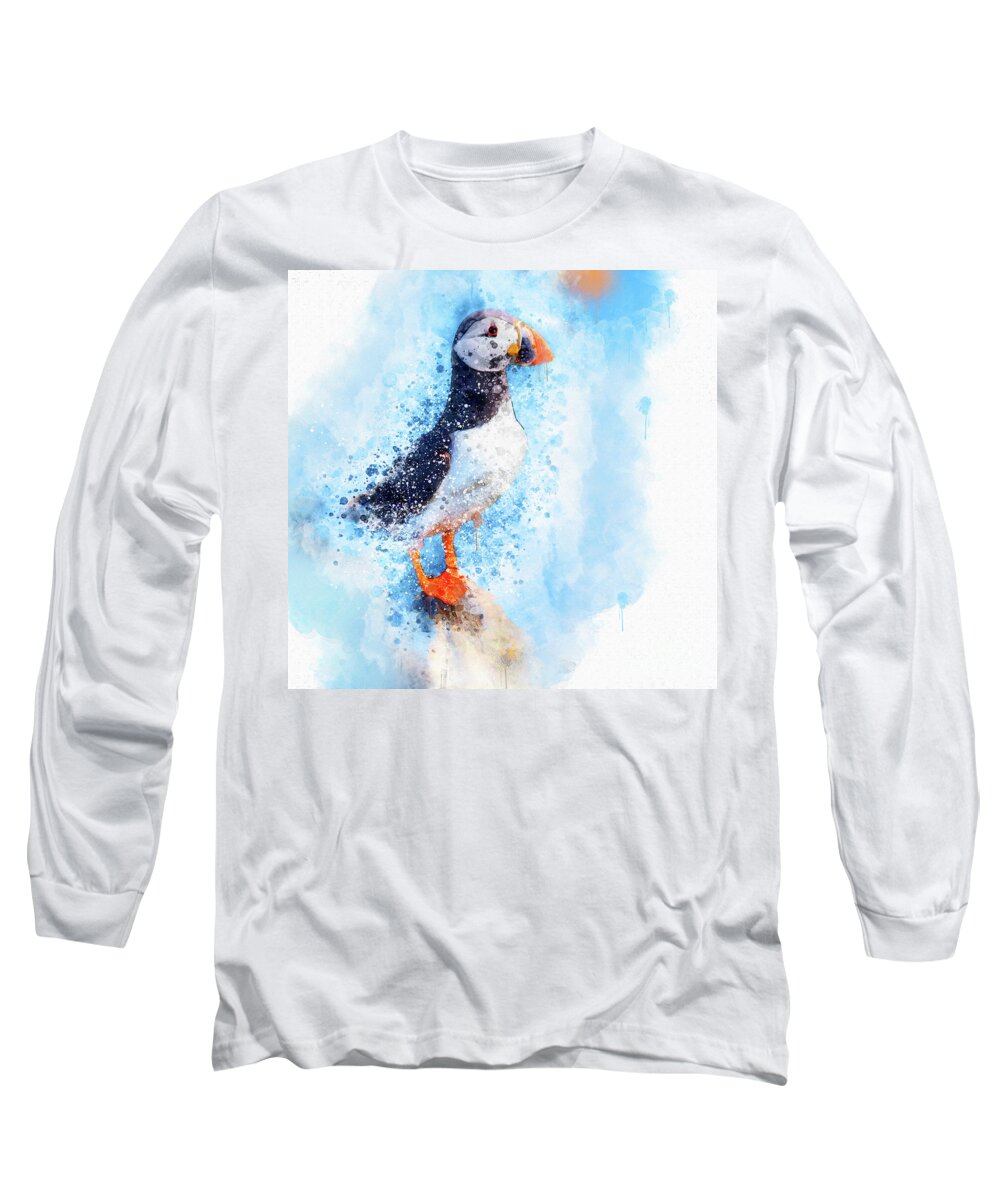 Puffin Long Sleeve T-Shirt featuring the mixed media Water Colour Puffin by Jim Hatch