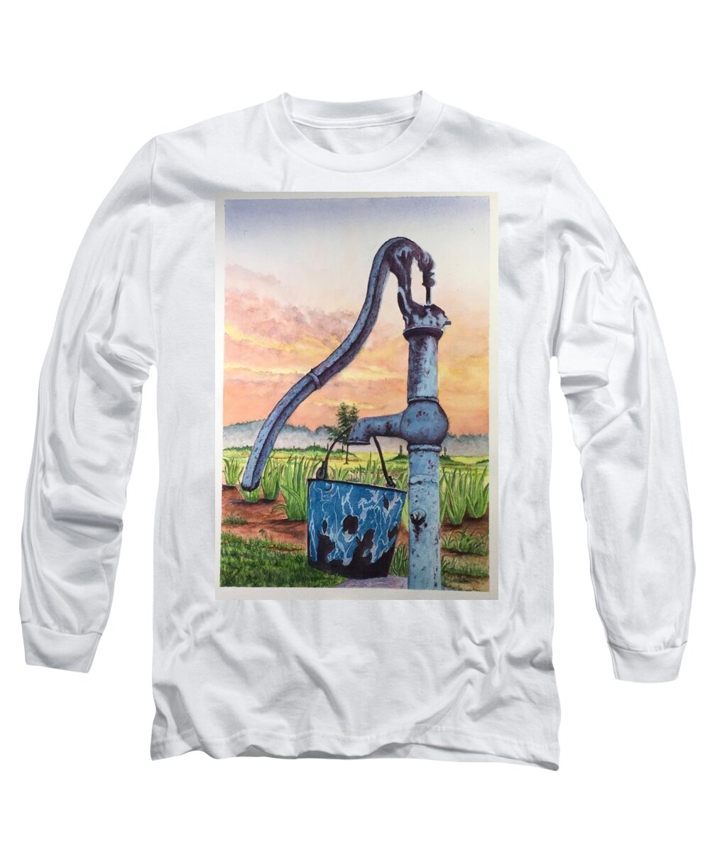 Setting Sun Long Sleeve T-Shirt featuring the painting Flower bed and Old Time Water Pump by Richard Benson