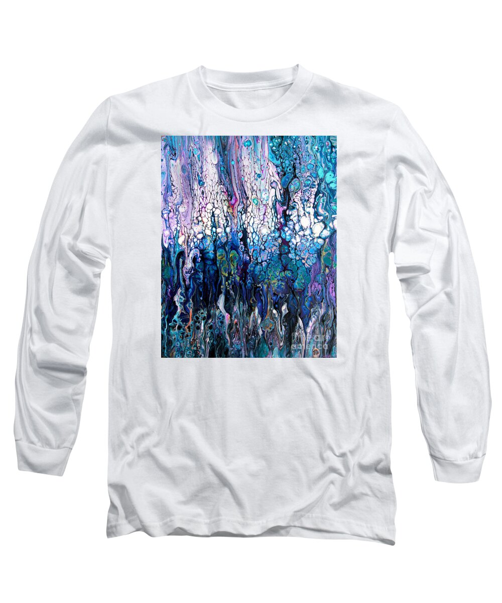 Compelling Engaging Ocean Colors Under Sea-vista Water Blue Bubbles Wave-foam Dynamic-pattern Vibrant Serene-colors Exciting Beautiful Full Of Colorful Horizontal Movement Long Sleeve T-Shirt featuring the painting Wave traces #2414 by Priscilla Batzell Expressionist Art Studio Gallery