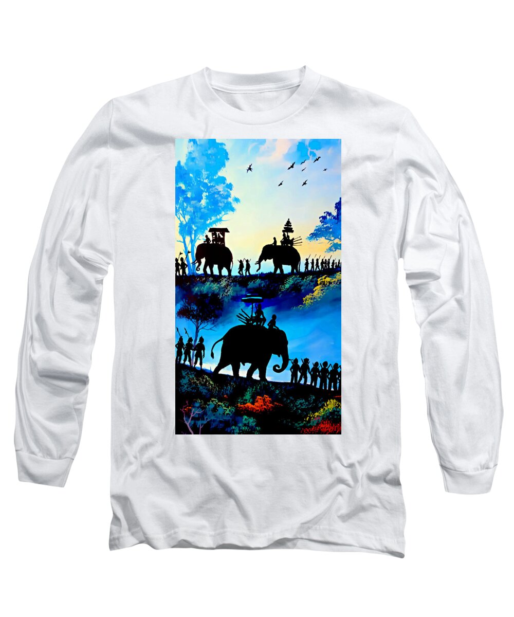 Elephants Long Sleeve T-Shirt featuring the painting We March At Sunrise by Ian Gledhill