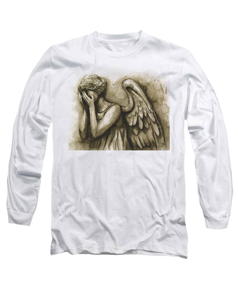Angel Long Sleeve T-Shirt featuring the painting Weeping Angel by Olga Shvartsur