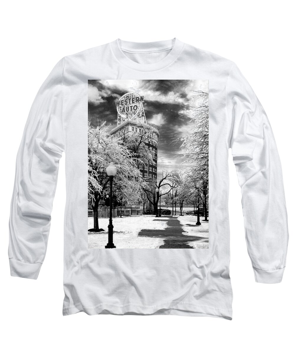 Western Auto Kansas City Long Sleeve T-Shirt featuring the photograph Western Auto In Winter by Steve Karol