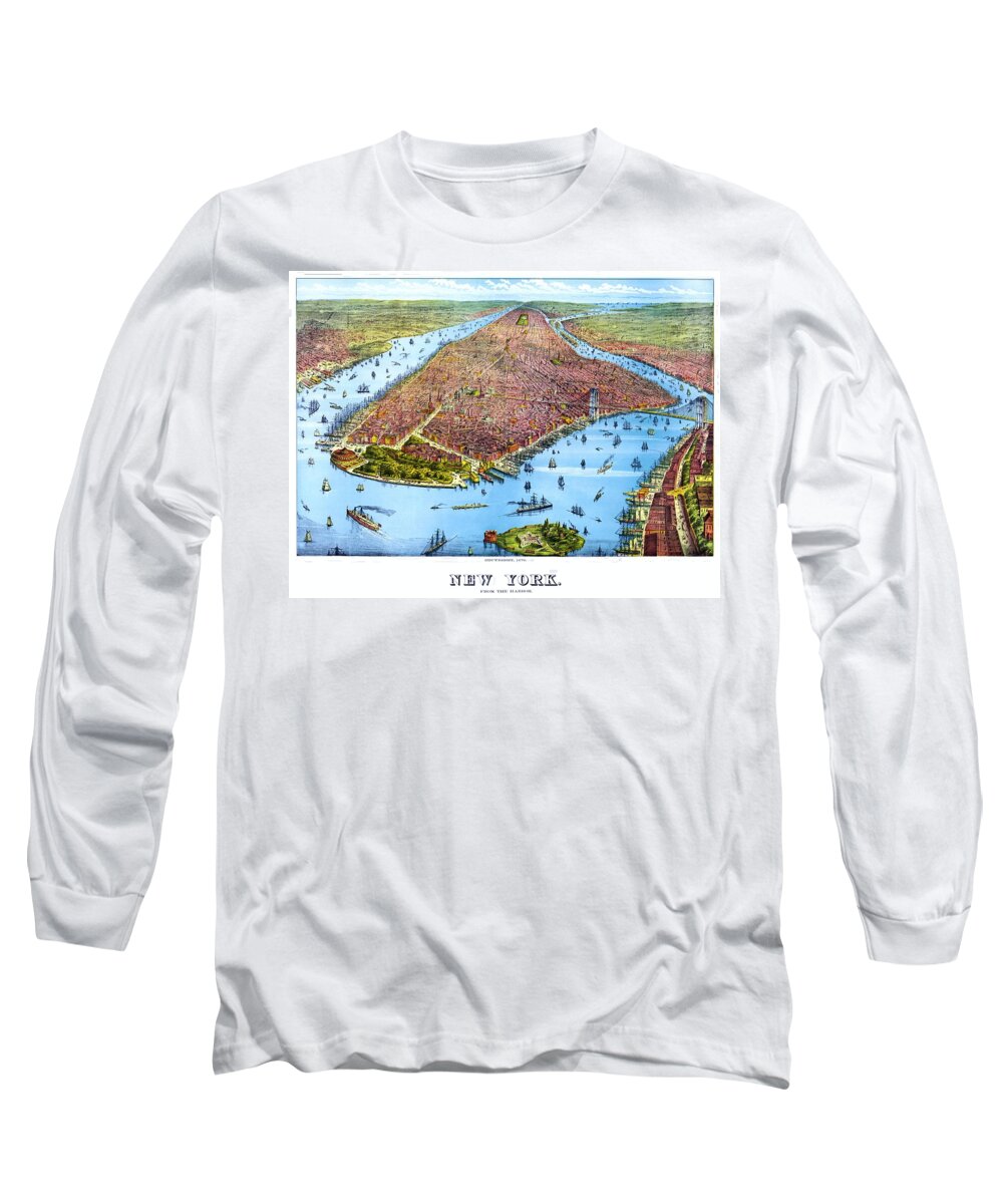 New York Long Sleeve T-Shirt featuring the drawing When New York was flat, vintage map, 1879 by Vincent Monozlay