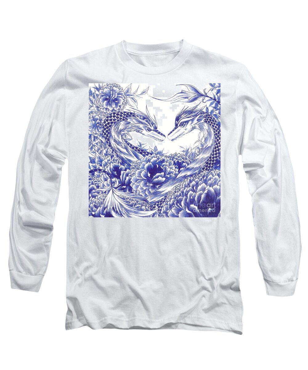 Dragon Long Sleeve T-Shirt featuring the drawing When Our Eyes Meet by Alice Chen