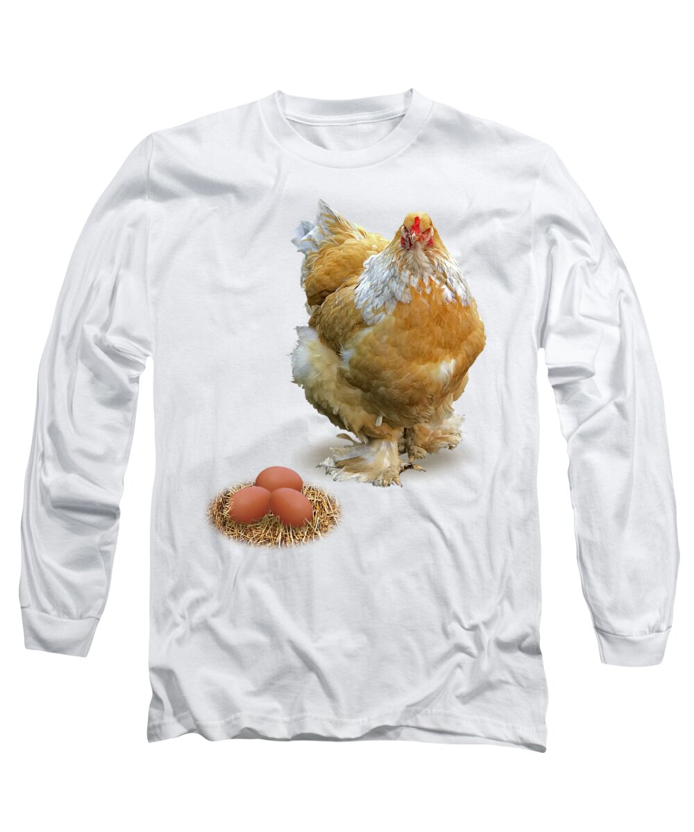 Rooster Long Sleeve T-Shirt featuring the photograph Which Came First - Chicken and Eggs by Gill Billington