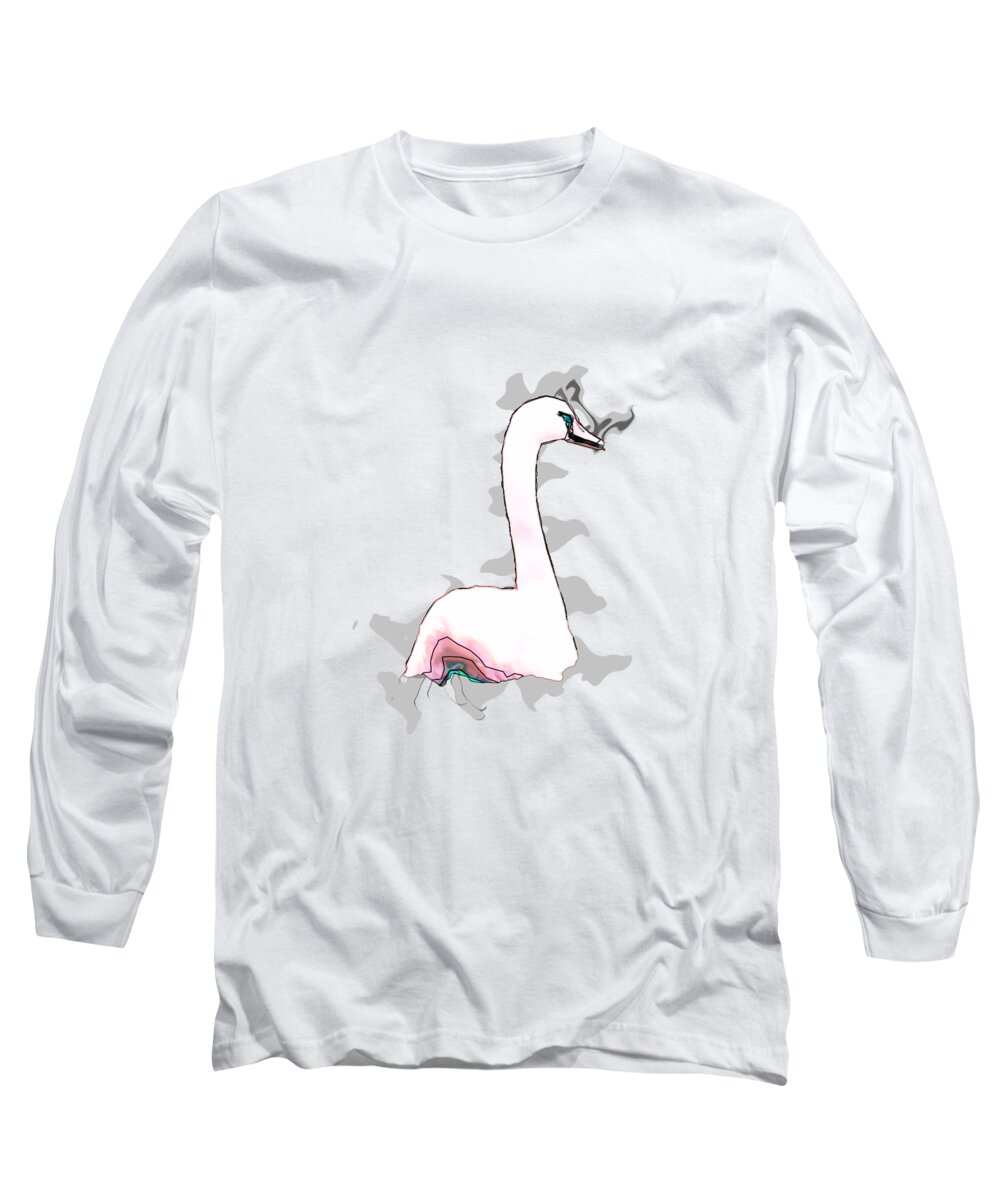 Majestic Long Sleeve T-Shirt featuring the digital art White Swan Swimming by Humorous Quotes