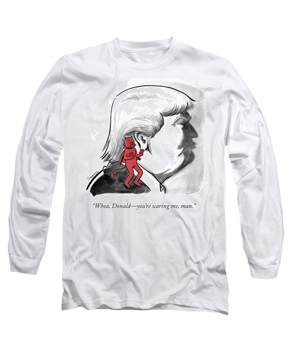 whoa Long Sleeve T-Shirt featuring the drawing Whoa Donald by Benjamin Schwartz