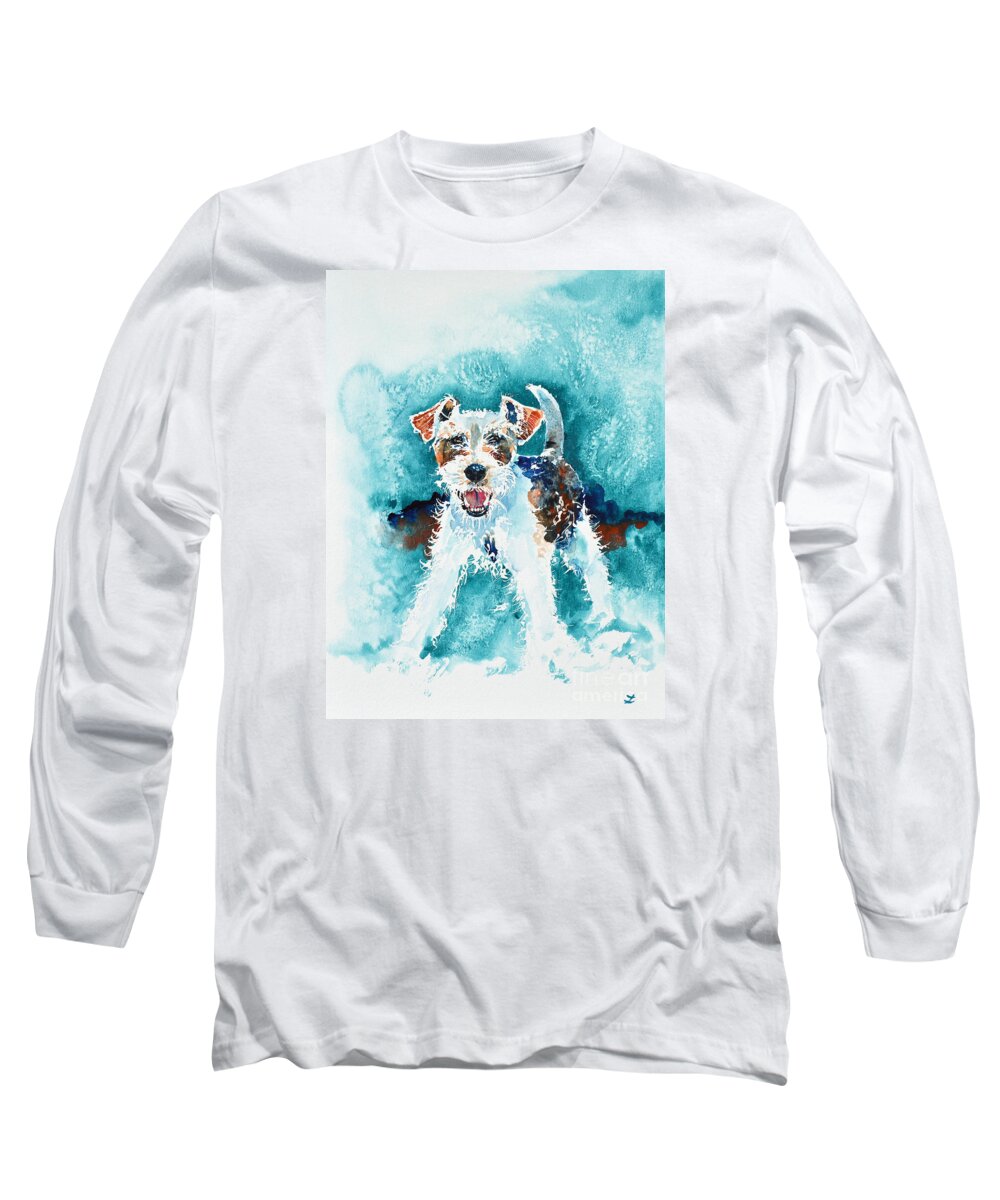 Wire Fox Terrier Long Sleeve T-Shirt featuring the painting Wire Fox Terrier by Zaira Dzhaubaeva