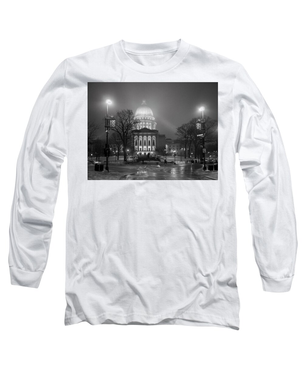 Wisconsin State Capitol Long Sleeve T-Shirt featuring the photograph Wisconsin State Capitol-Foggy Night by Todd Bannor