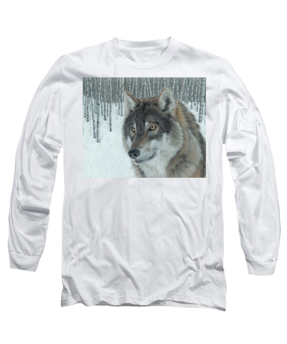 Wolf Long Sleeve T-Shirt featuring the drawing Wolf in Aspens by Carla Kurt