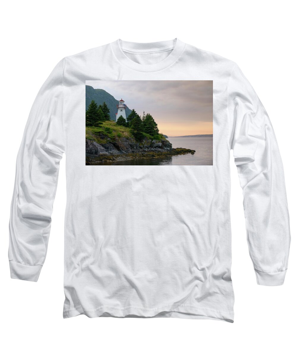 Woody Point Long Sleeve T-Shirt featuring the photograph Woody Point Lighthouse - Bonne Bay Newfoundland at Sunset by Art Whitton