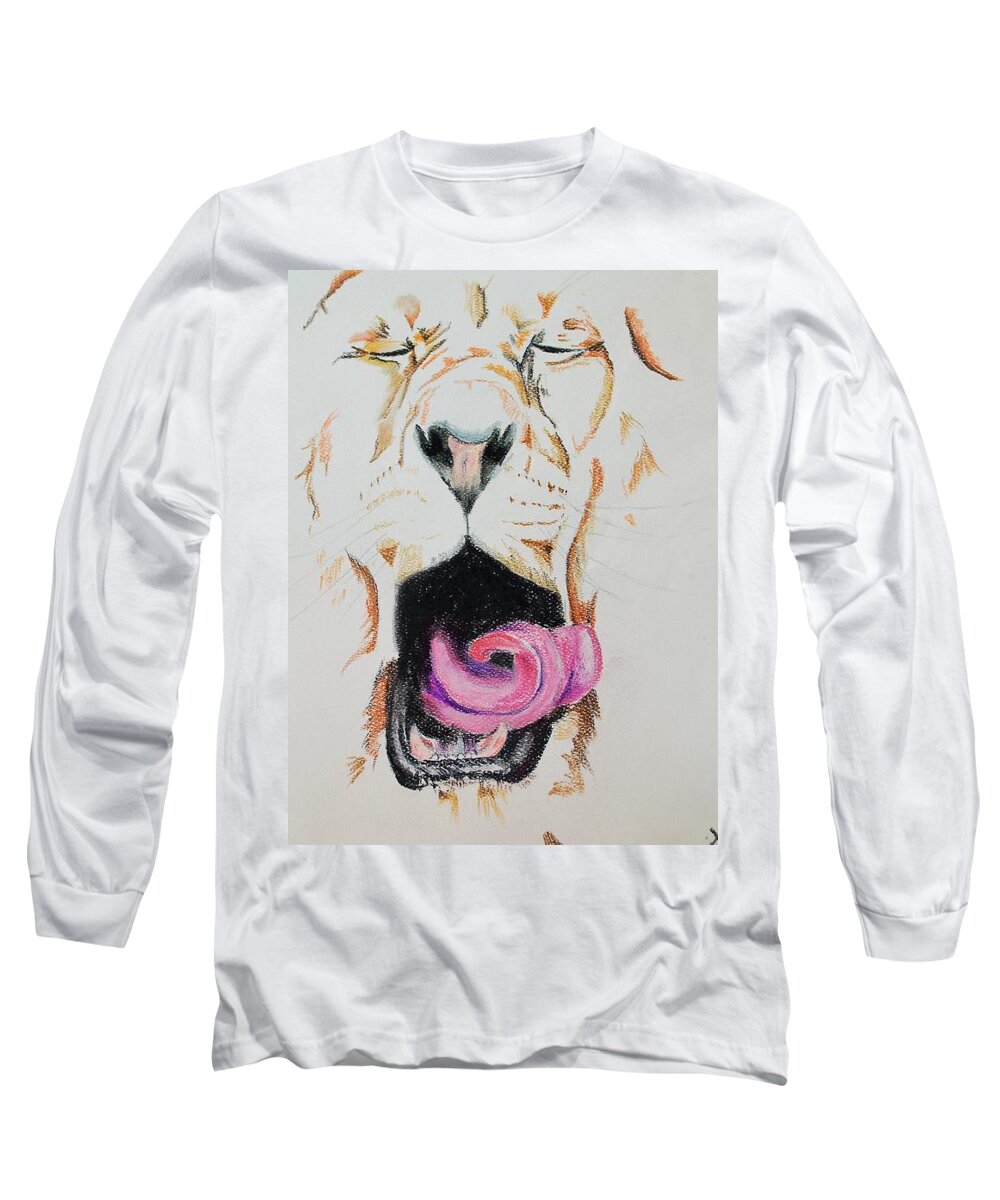 Yawning Long Sleeve T-Shirt featuring the pastel Yawning lion by Teresa Smith