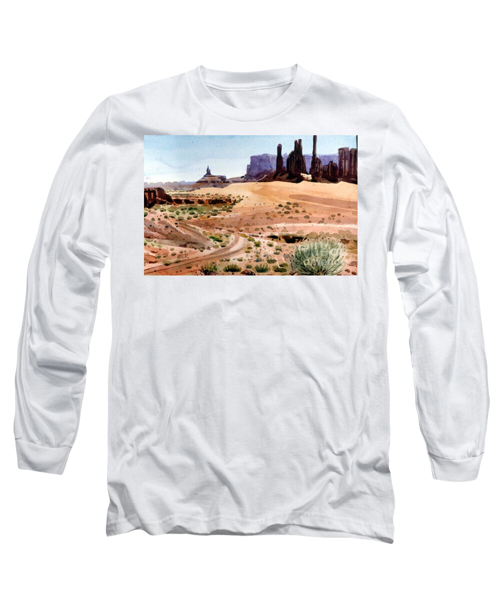 Monument Valley Long Sleeve T-Shirt featuring the painting Yei Bi Chei and Totem Poles by Donald Maier