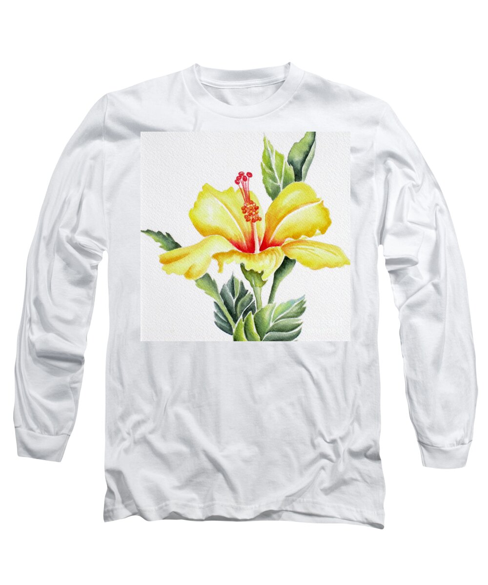 Hibiscus Long Sleeve T-Shirt featuring the painting Yellow Hibiscus by Deborah Ronglien