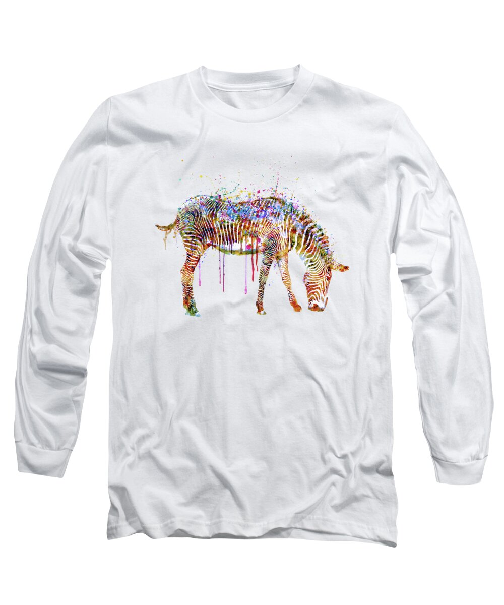 Zebra Long Sleeve T-Shirt featuring the painting Zebra watercolor painting by Marian Voicu