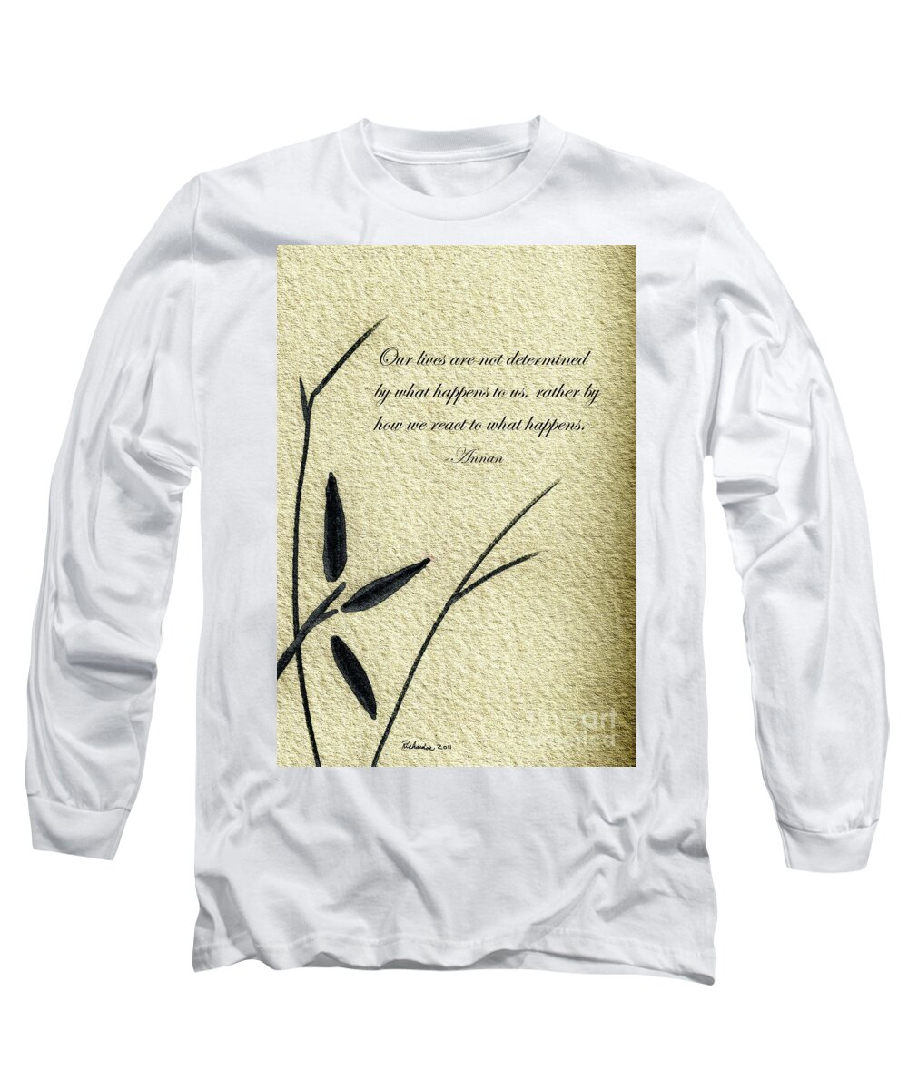 Abstract Long Sleeve T-Shirt featuring the mixed media Zen Sumi 4b Antique Motivational Flower Ink on Watercolor Paper by Ricardos by Ricardos Creations